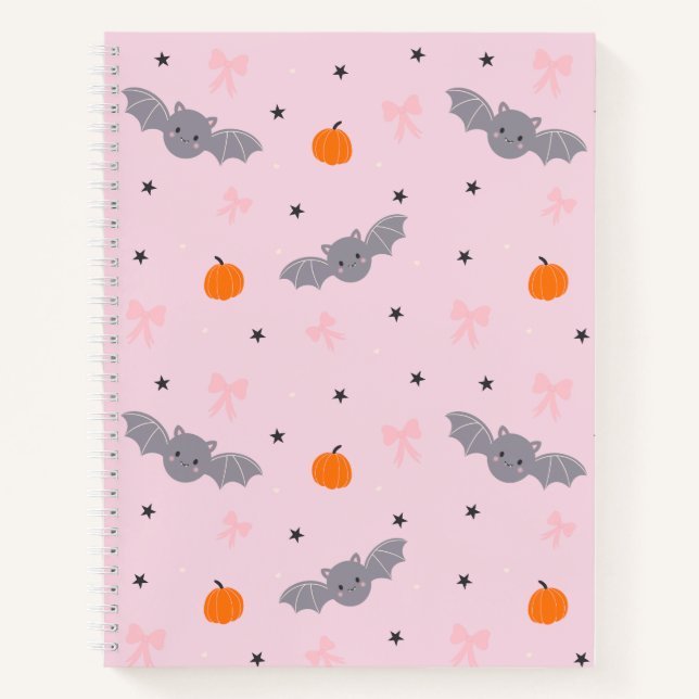 Cuaderno de patrón de murciélago de Halloween rosa (Anverso)