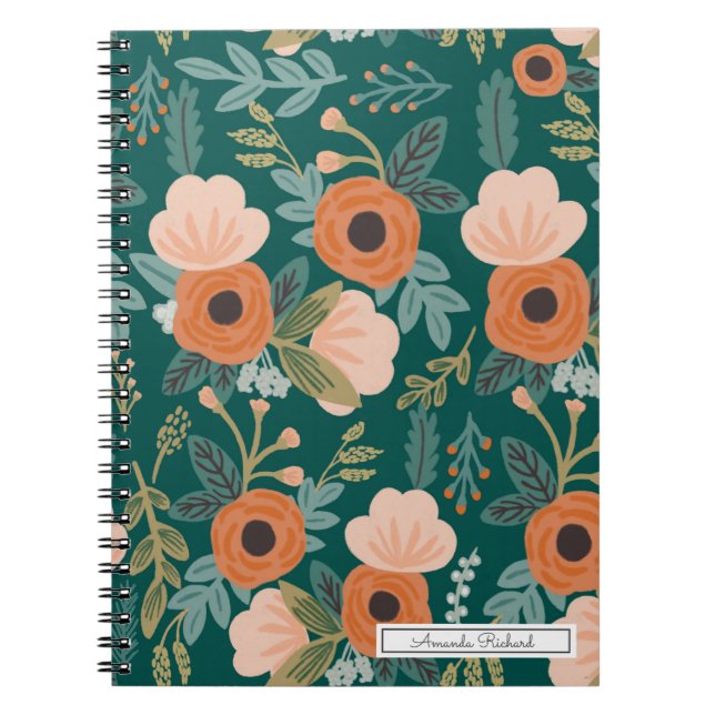 Cuaderno de patrón sinusal verde de rosas rojas (Frente)