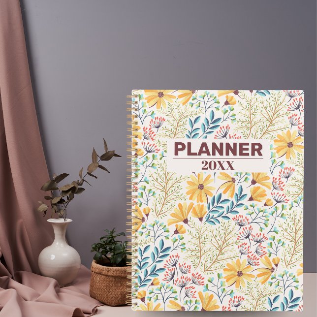 Cuaderno de planeamiento y diario amarillo con flo (Yellow Blue Floral Planner & Journal Notebook)