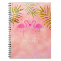 Cuaderno de playa tropical con dos flamencos rosad