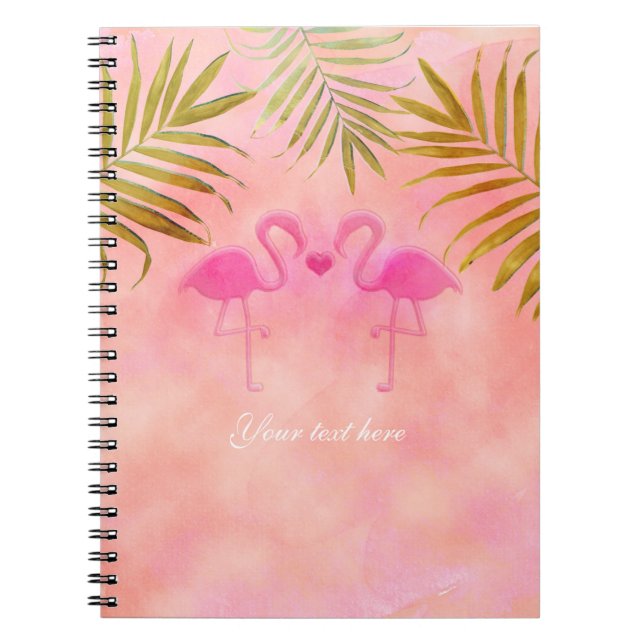 Cuaderno de playa tropical con dos flamencos rosad (Frente)
