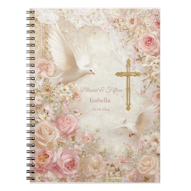 Cuaderno de quinceañera de rosa celestial y dorado (Frente)