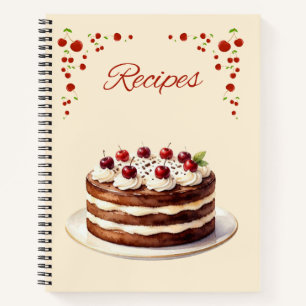 Cuaderno de recetas de tarta de bosque negro y cer