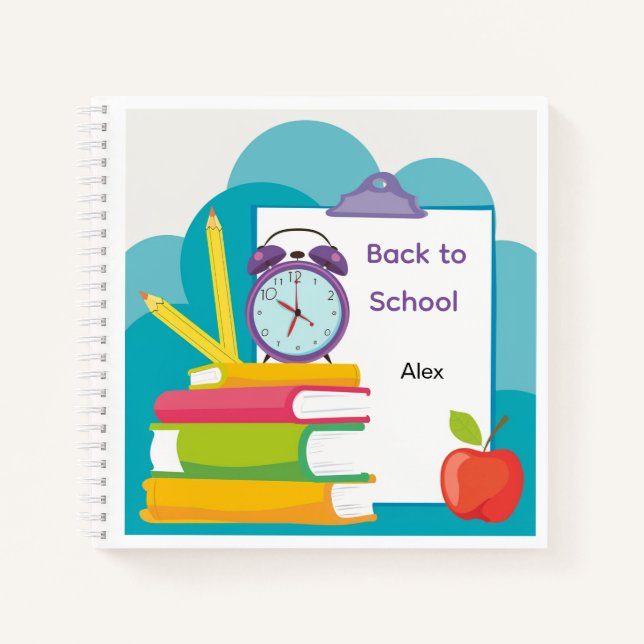 Cuaderno de Regreso a Clases con Libros y Reloj de (Anverso)