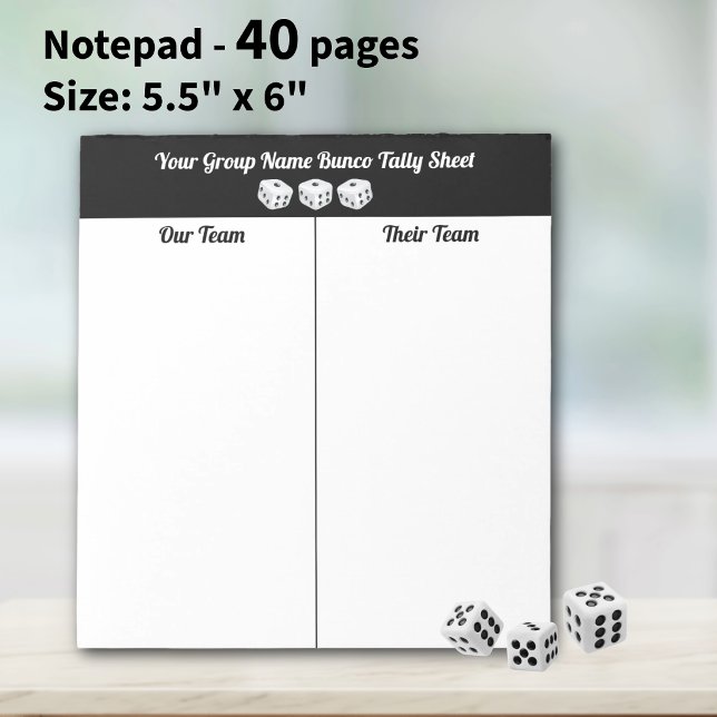 Cuaderno de Tally de Mesa de Dados Bunco Blanco y  (Fun Bunco tally sheet notepad, 40 tear-off pages for easy scoring, tracking wins, and game nights!!.)