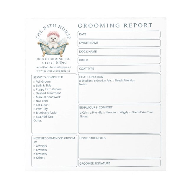 Cuaderno de Tarjetas de Informe de Aseo de Bichon  (Frente)