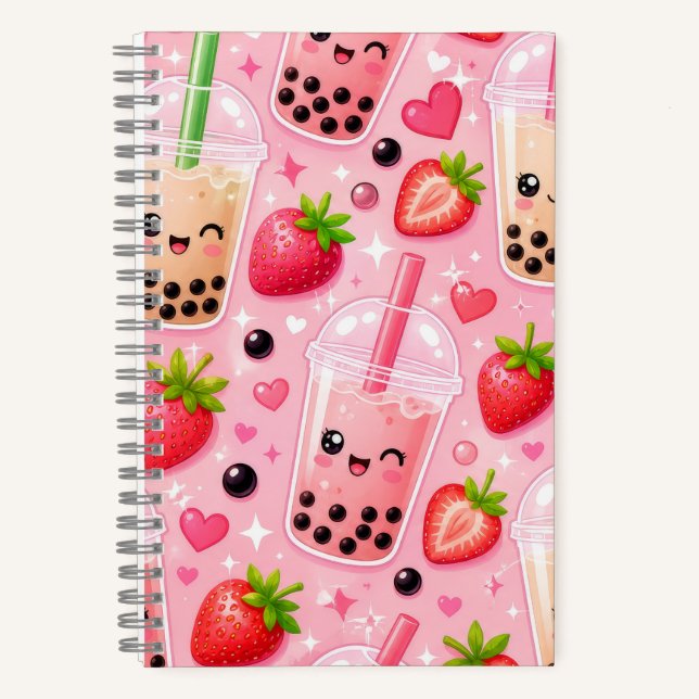 Cuaderno de té de boba de fresa lindo (Anverso)