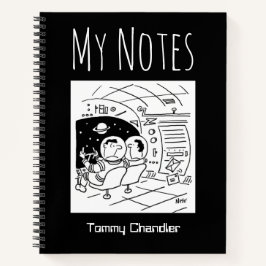 Cuaderno de tema espacial con el nombre del propie