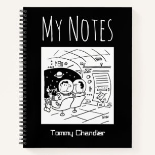 Cuaderno de tema espacial con el nombre del propie