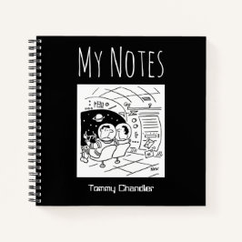 Cuaderno de tema espacial con el nombre del propie