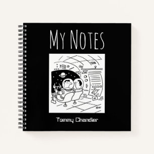 Cuaderno de tema espacial con el nombre del propie