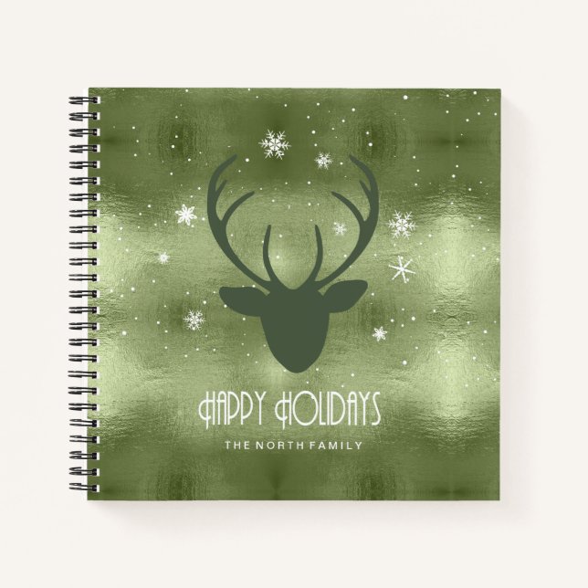 Cuaderno Deer Antlers Silhouette & Snowflakes Green ID861 (Anverso)