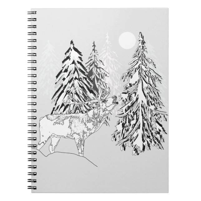 Cuaderno Deer, invierno, bosque, árboles de Navidad, monocr (Frente)