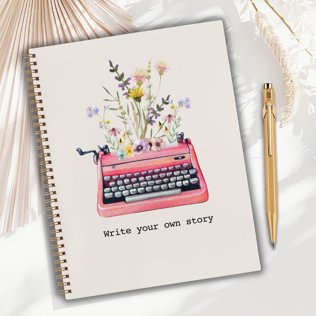 Cuaderno del Escritor, Escribe tu propia historia (Beautiful notebook for writers. Typewriter with florals graphic and the words: Write your own story)