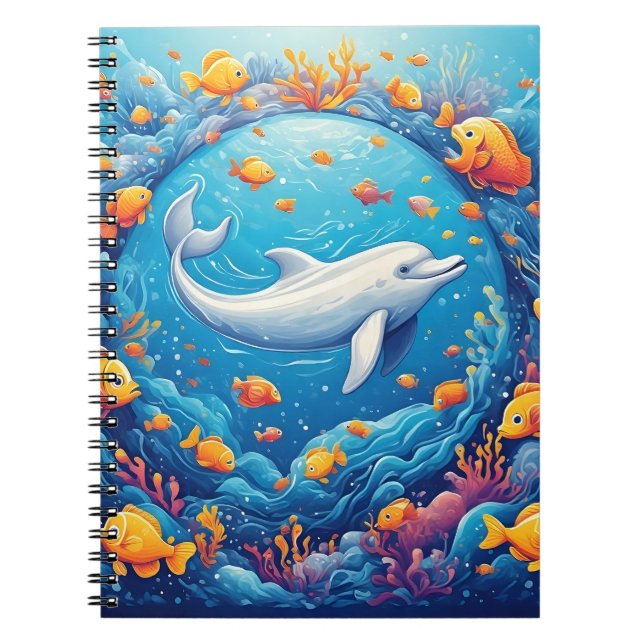 Cuaderno Delfín Rodeado de Peces Tropicales Vibrantes (Frente)