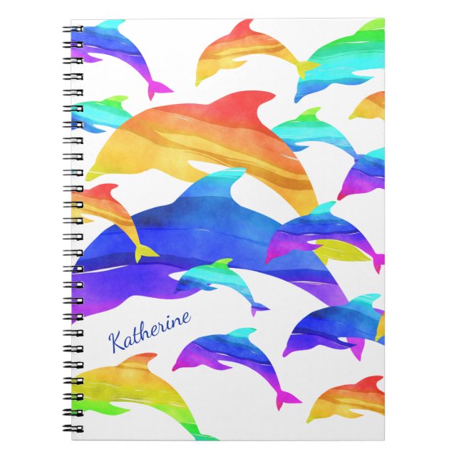 Cuaderno Delfines Hermosos en Arcoíris con Primer Nombre (Frente)