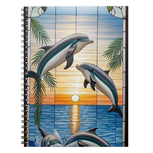 Cuaderno Delfines saltando al atardecer en el océano (Frente)