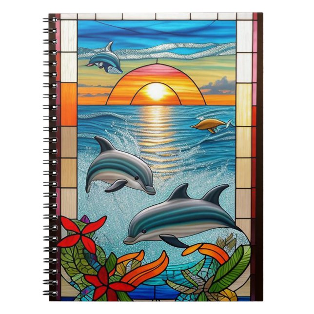 Cuaderno Delfines saltando al atardecer en el océano (Frente)