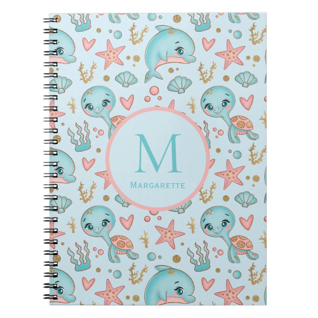 Cuaderno Delfines y tortugas bajo el mar monogramados  (Frente)