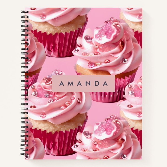 Cuaderno Delicia de Cupcake Rosa Glam con Brillo Personaliz (Anverso)