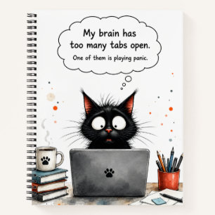 Cuaderno Demasiadas pestañas abiertas Gato negro divertido