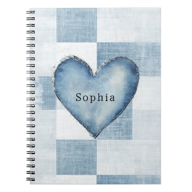 Cuaderno Denim blanco azul Jean Corazón nombre personalizad (Frente)