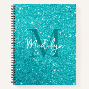 Cuaderno destellos Brillo azul monograma nombre femenino