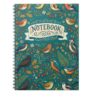 Cuaderno Detallado patrón británico de aves en azul turques