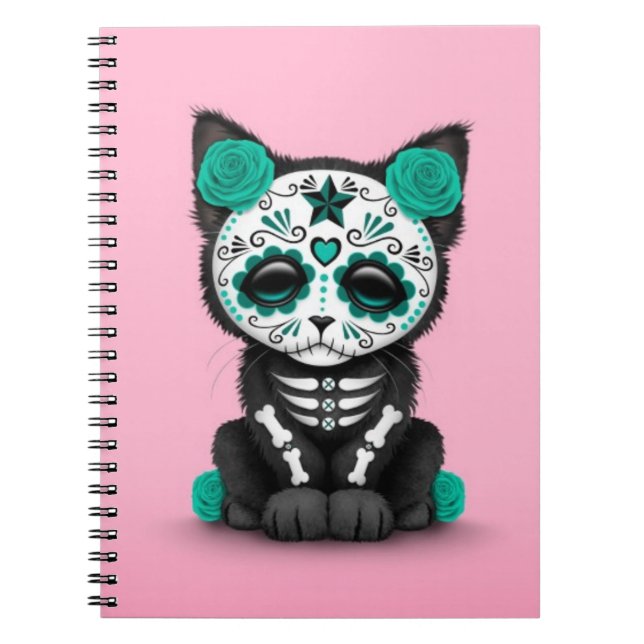 Cuaderno Día azul verde azulado lindo del gato muerto del (Frente)