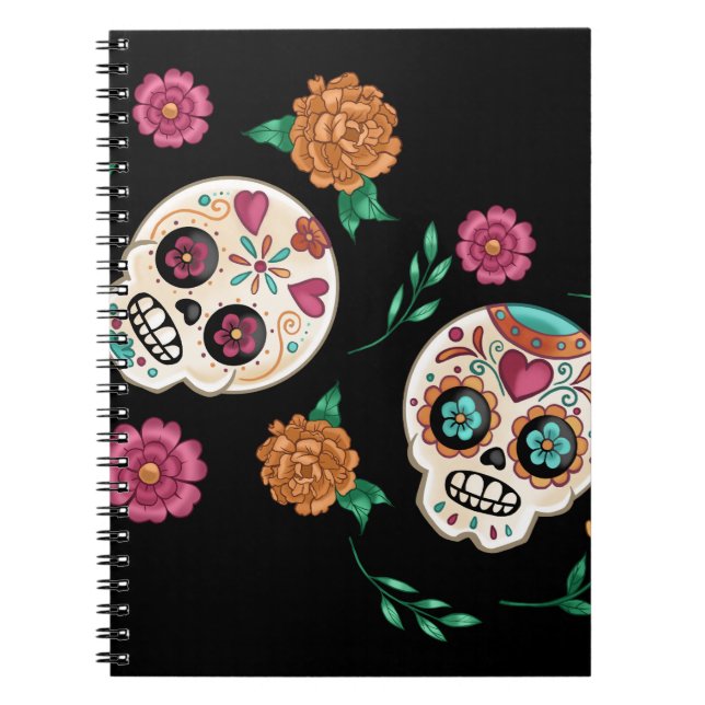 Cuaderno Día de Muertos Calaveras de Azúcar y Flores Negro (Frente)