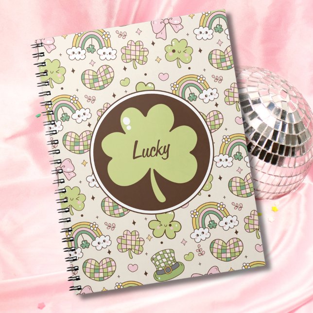 Cuaderno Día de San Patricio, Shamrock y Rainbows afortunad (Modern cute kawaii mixes with a '70s vibes color palette and disco theme on this custom notebook.)