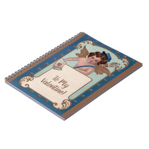 Cuaderno Día de San Valentín antiguo, querubín con cartas d