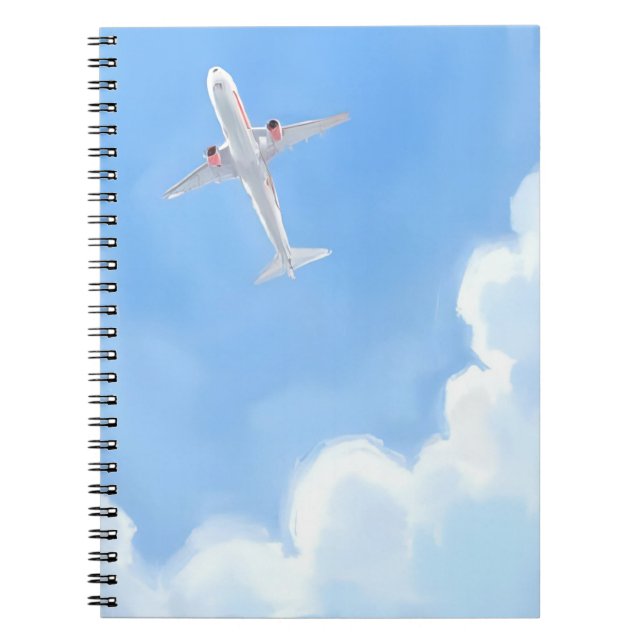 Cuaderno Día Hermoso Cielo Azul Nubes Avión Acuarela (Frente)