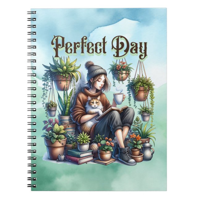 Cuaderno Día perfecto | Lectura Chica con gatos y plantas (Frente)
