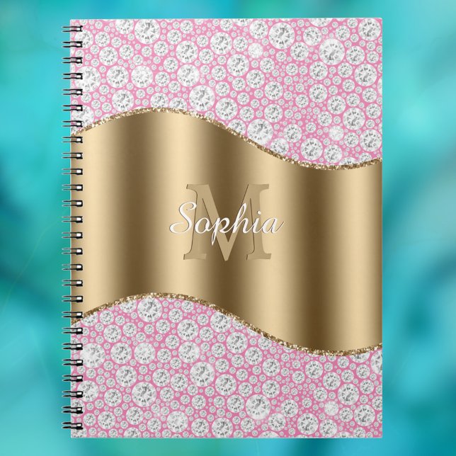 Cuaderno Diamantes de glam en rosa, monograma de oro, nombr (Subido por el creador)