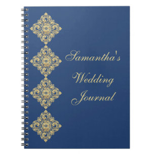 Cuaderno Diario Boda azul de los diamantes dorados Damask