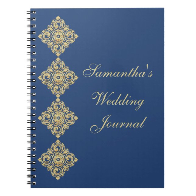 Cuaderno Diario Boda azul de los diamantes dorados Damask (Frente)