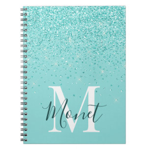 Cuaderno Diario con nombre de monograma con brillos turques
