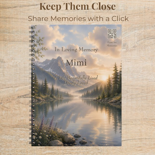 Cuaderno Diario conmemorativo de aguas tranquilas con códig (Elegant memorial journal with custom QR code and peaceful watercolor mountain lake artwork.)