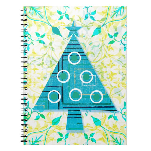 Cuaderno Diario de Árbol de Navidad Aqua y Retro Amarillo (Frente)