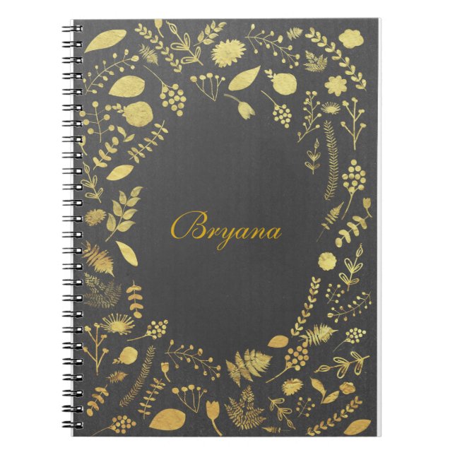 Cuaderno Diario de bloc de notas floral de oro y gris carbó (Frente)