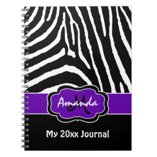 Cuaderno Diario de cebra blanca morada personalizada