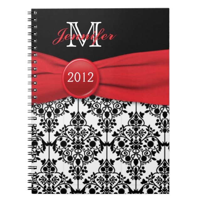 Cuaderno Diario de damasco blanco rojo y rojo personalizado (Frente)