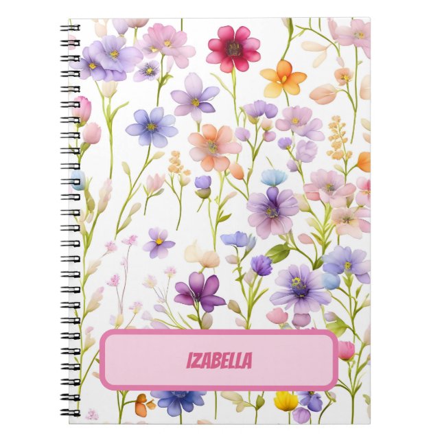 Cuaderno Diario de Diseño Floral de Primavera Azul Rosa Flo (Frente)