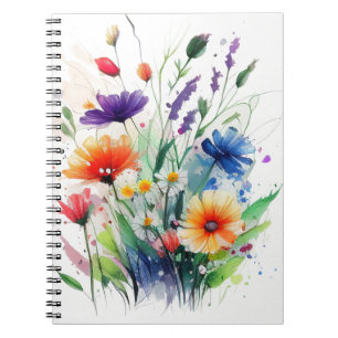Cuaderno Diario de Flores Acuarela Naranja Púrpura Rojo Azu