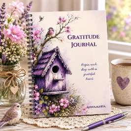 Cuaderno Diario de gratitud de casa de pájaros púrpura rúst