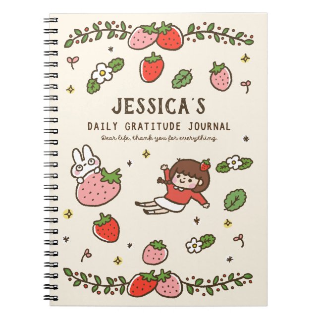 Cuaderno Diario de Gratitud de Fresa Rabbit Personalizado (Frente)