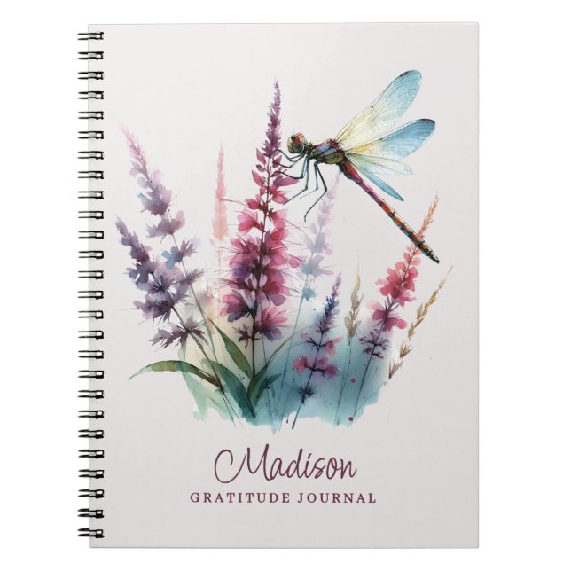 Cuaderno Diario de gratitud de libélula acuarela con nombre (Frente)
