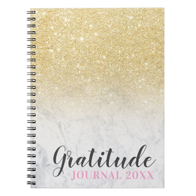 Cuaderno diario de gratitud de mármol blanco purpurina de o (Frente)