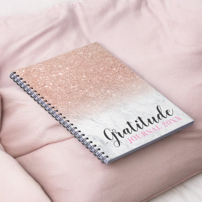 Cuaderno diario de gratitud de mármol blanco Rosa purpurina (Rose gold glitter white marble gratitude journal)